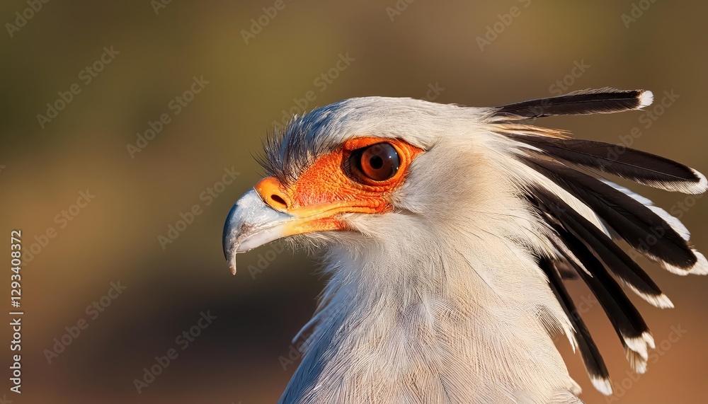 Vigilant Secretary Bird in CloseUp, Majestic Avian Emblem of Africa Radiates Noble Grace with Steely Gaze and Feathered Grandeur in a South African Savannah Sunset Vigilant Secretary Bird in CloseUp, Majestic Avian Emblem of Africa Radiates Noble Grace with Steely Gaze and Feathered Grandeur in a South African Savannah Sunset