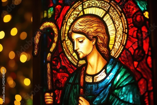 tealstained glass shepherd with golden crook glowing crimson frame shimmering soft light streaming sacred and tranquil christian guidance in reverent focus