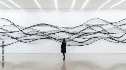 The image shows a woman standing in a minimalist, white-walled gallery space, facing a large-scale abstract artwork. The artwork consists of numerous flowing black lines creating a wave-like