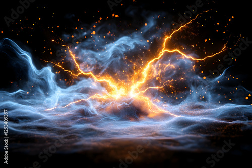 Abstract energy explosion, swirling mists, glowing light, dramatic scene photo