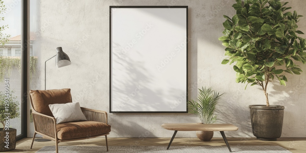 This image depicts a stylish and contemporary living room interior. It features a modern couch, a large mirror to enhance space perception, tasteful decor with indoor plants and a clean lines design. This image depicts a stylish and contemporary living room interior. It features a modern couch, a large mirror to enhance space perception, tasteful decor with indoor plants and a clean lines design.