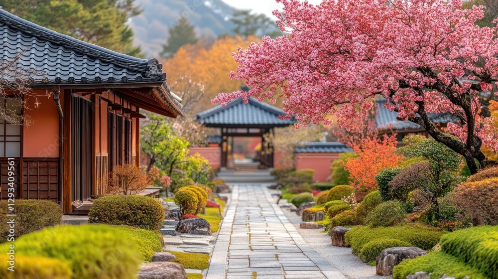 Japanese garden path with cherry blossoms and autumn leaves Japanese garden path with cherry blossoms and autumn leaves