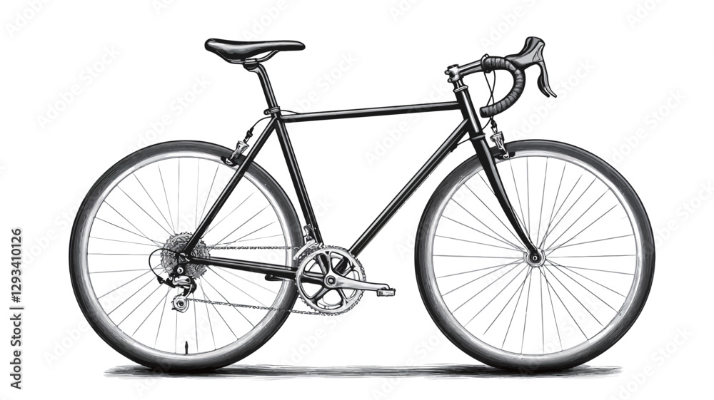 Obraz premium A three-quarter view of a black road bicycle is presented against a plain white background. The bicycle is depicted in a side profile, clearly showing its frame, wheels, handlebars, seat, pedals,