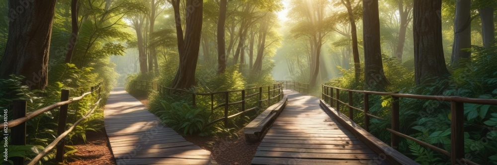 Obraz premium Wooden boardwalk stretching through dense foliage of towering trees with sunlight filtering through leaves, serene atmosphere, nature trail