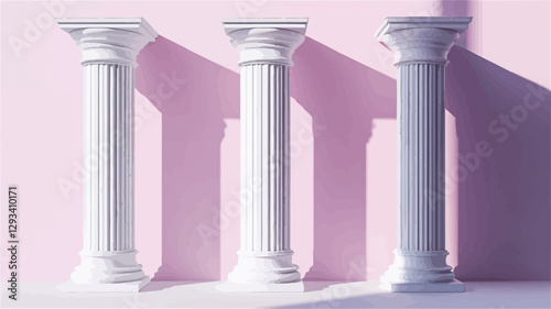 The image shows three identical white classical columns standing against a pale pink background.  The columns are fluted and feature a simple capital.  The lighting casts distinct shadows on the
