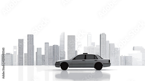 The image is a digital illustration depicting a grayscale sedan taxi in profile view, positioned in the foreground against a simplified grayscale cityscape background.  The car is rendered with a
