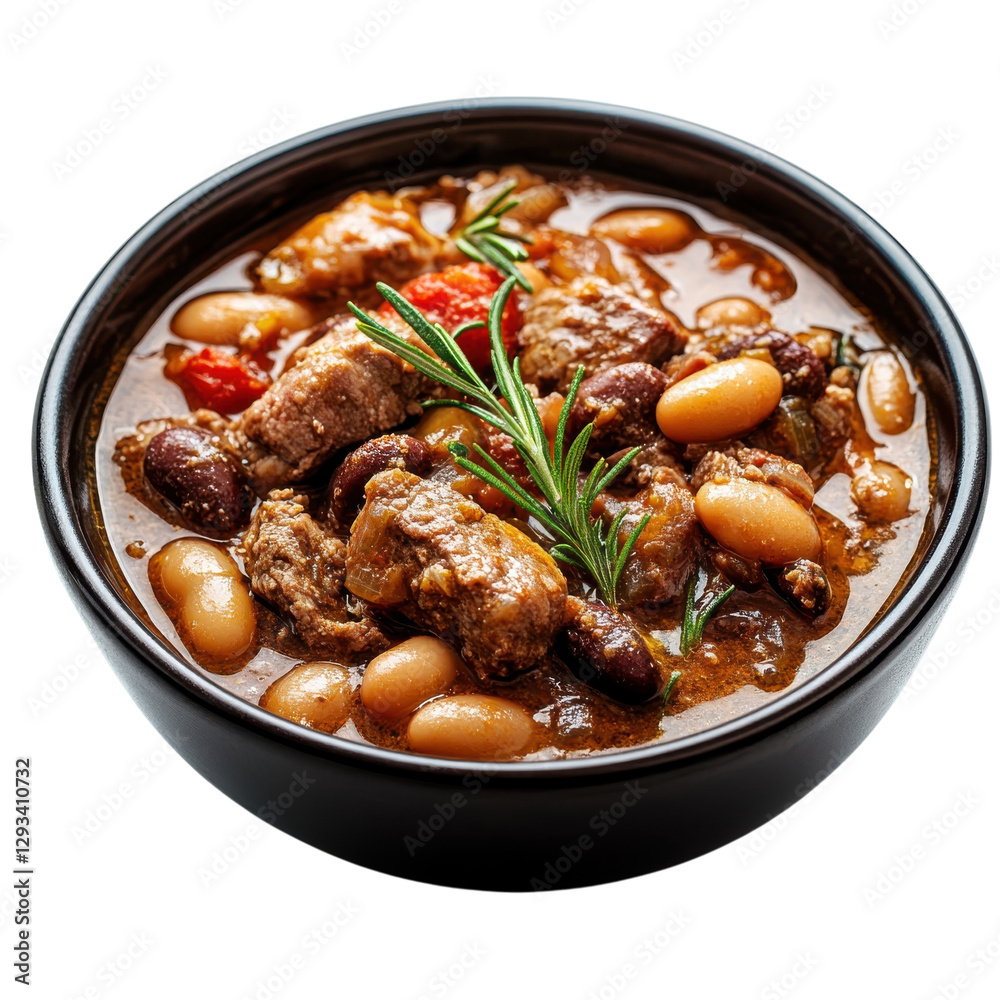 Hearty Bean Stew Rosemary Garnish on transparent background.