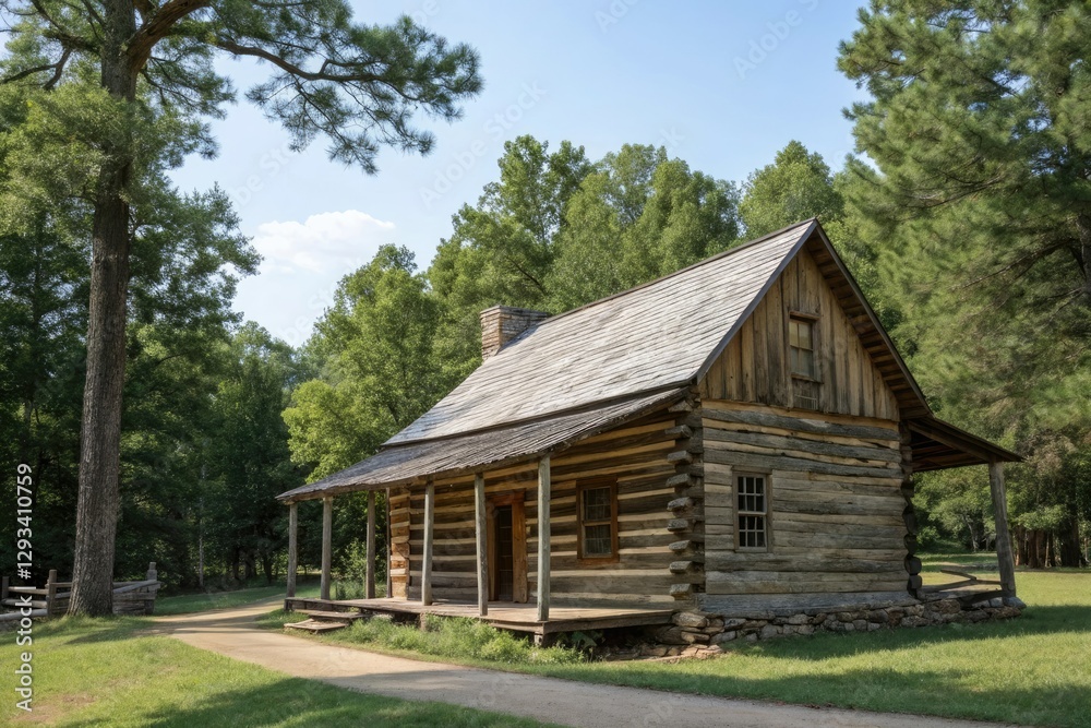 Wooden log cabin with a weathered roof and trees in the background, rustic cabin, roof Wooden log cabin with a weathered roof and trees in the background, rustic cabin, roof