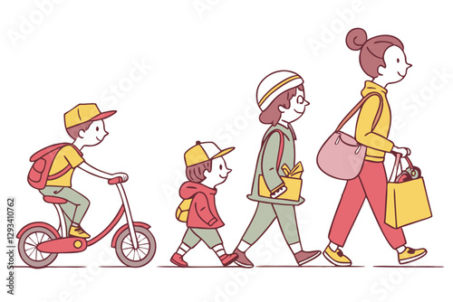 37 Cute cartoon people, diverse characters, simple illustration style, colorful outfits, urban commuters, bicyclist, pedestrians, scooter rider, shopper with bags, person pushing stroller, line of fig