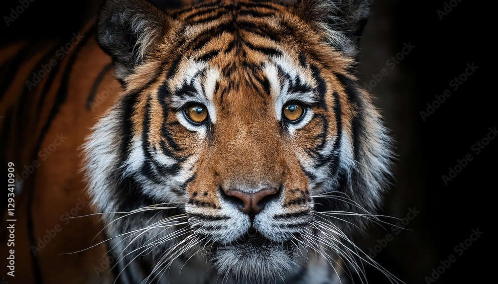 Naklejka premium Striking Portrait of a Majestic Sumatran Tiger, Capturing Its Power and Grace in the Jungle Twilight with Vibrant Amber Eyes, Dappled Light, and Rustic Fur Textures.