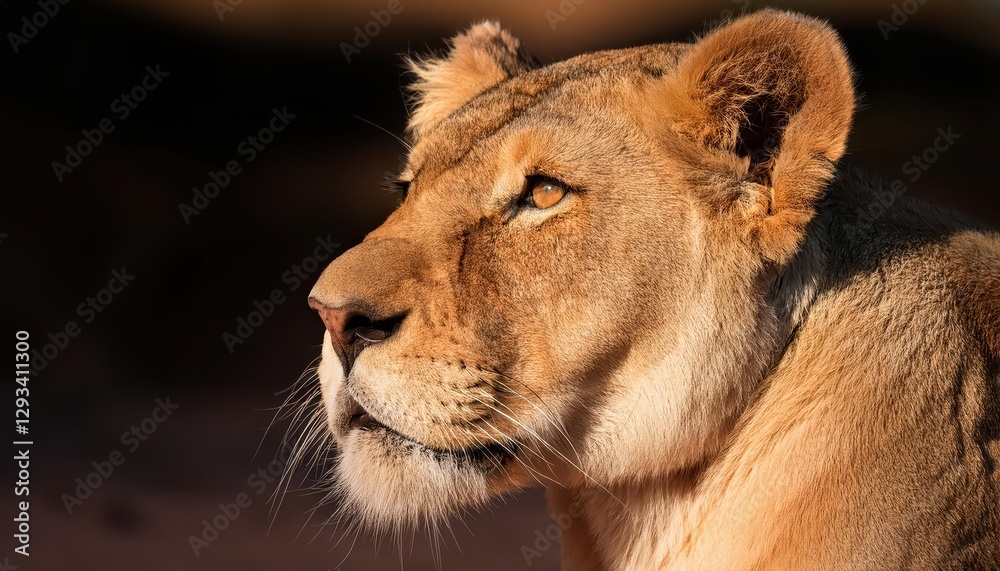 Closeup Lioness Profile Majestic African Lioness Showing Intense Gaze Amidst Savannah Sunset, Capturing Serene Strength and Vibrant Amber Tones Closeup Lioness Profile Majestic African Lioness Showing Intense Gaze Amidst Savannah Sunset, Capturing Serene Strength and Vibrant Amber Tones