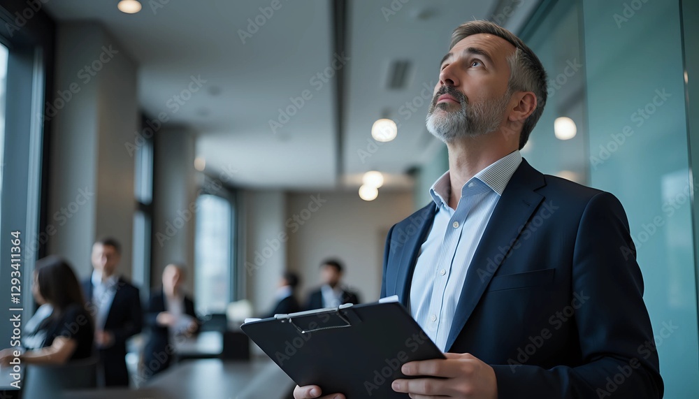 Fototapeta premium Businessman Looking Up Thoughtfully in Modern Office