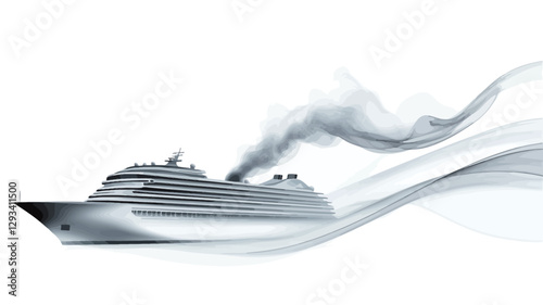 The image shows a grayscale illustration of a cruise ship sailing on the ocean.  The ship is depicted in profile view, moving from left to right.  Stylized smoke or steam trails behind the ship,