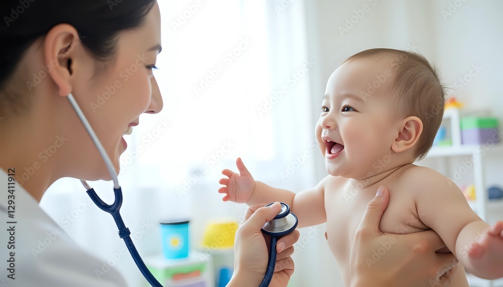 Doctor Examining Happy Baby with Stethoscope Doctor Examining Happy Baby with Stethoscope