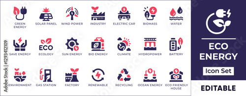 Flat eco icon collection featuring renewable energy sources, solar power, wind energy, electric vehicles, sustainability, climate protection, and alternative energy solutions.