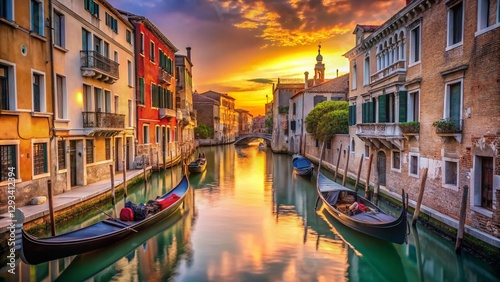 Venice Canals: Atmospheric Reflections & Gondolas at Dusk - Stock Photo