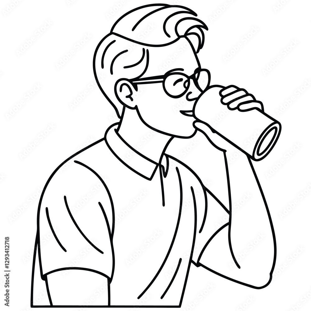 A minimalist line drawing of a man wearing glasses, drinking from a can A minimalist line drawing of a man wearing glasses, drinking from a can