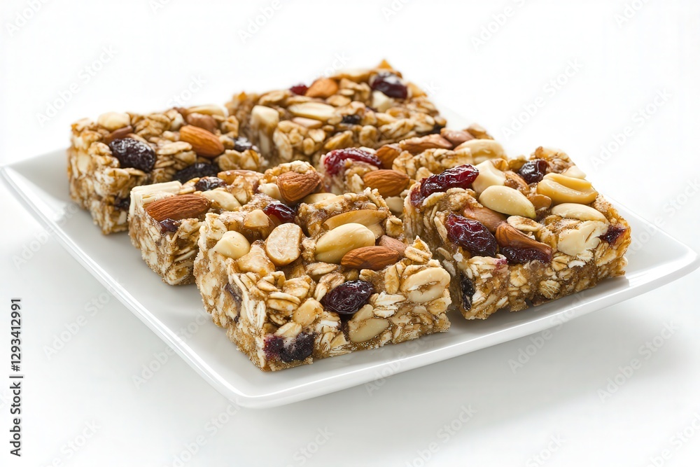 Beautifully detailed photo of granola nut energy bars on large white plate. Filled with oats, nuts, almonds, cashews, cranberries Golden brown, glossy bars on white surface with ample negative space Beautifully detailed photo of granola nut energy bars on large white plate. Filled with oats, nuts, almonds, cashews, cranberries Golden brown, glossy bars on white surface with ample negative space