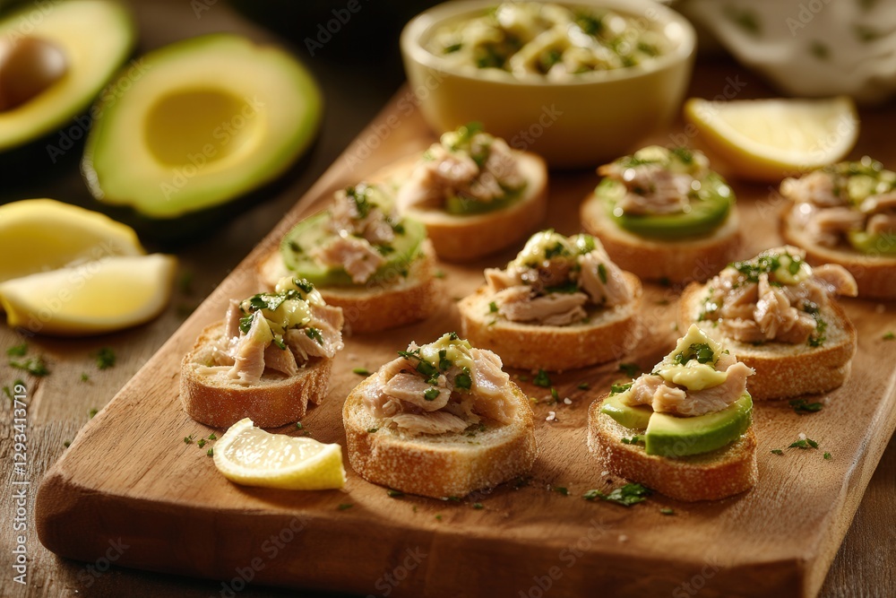 Rustic wooden board with mini toasts topped with creamy avocado, flaky canned tuna, and lemon juice. Surrounding are avocado slices, lemon wedges, and a bowl of tuna. Rustic wooden board with mini toasts topped with creamy avocado, flaky canned tuna, and lemon juice. Surrounding are avocado slices, lemon wedges, and a bowl of tuna.