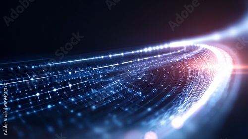 Abstract blue and white glowing particles forming a curved trail on a dark background. Glowing lines, light streaks, and bokeh effect
