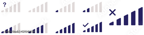 Signal reception bar collection of vector illustration. Mobile phone connection level icons. Network level signal collection set.Signal strength indicator with varying levels of connectivity and check