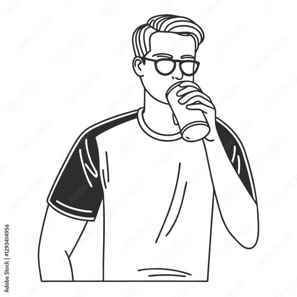 A minimalist line drawing of a man wearing glasses, drinking from a can A minimalist line drawing of a man wearing glasses, drinking from a can