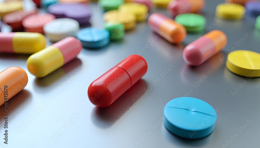 Colorful Pills and Capsules on Reflective Surface Colorful Pills and Capsules on Reflective Surface