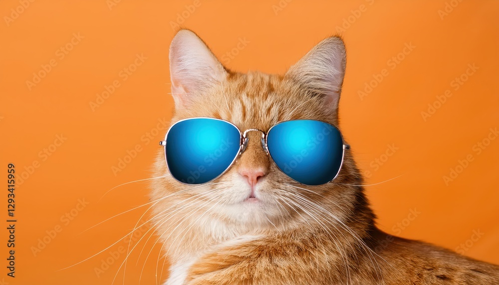 Funny Ginger Cat in Blue Sunglasses Against a Light Orange Background Whimsical Feline Portrait Radiating Playful Energy and Vibrant Hues Funny Ginger Cat in Blue Sunglasses Against a Light Orange Background Whimsical Feline Portrait Radiating Playful Energy and Vibrant Hues