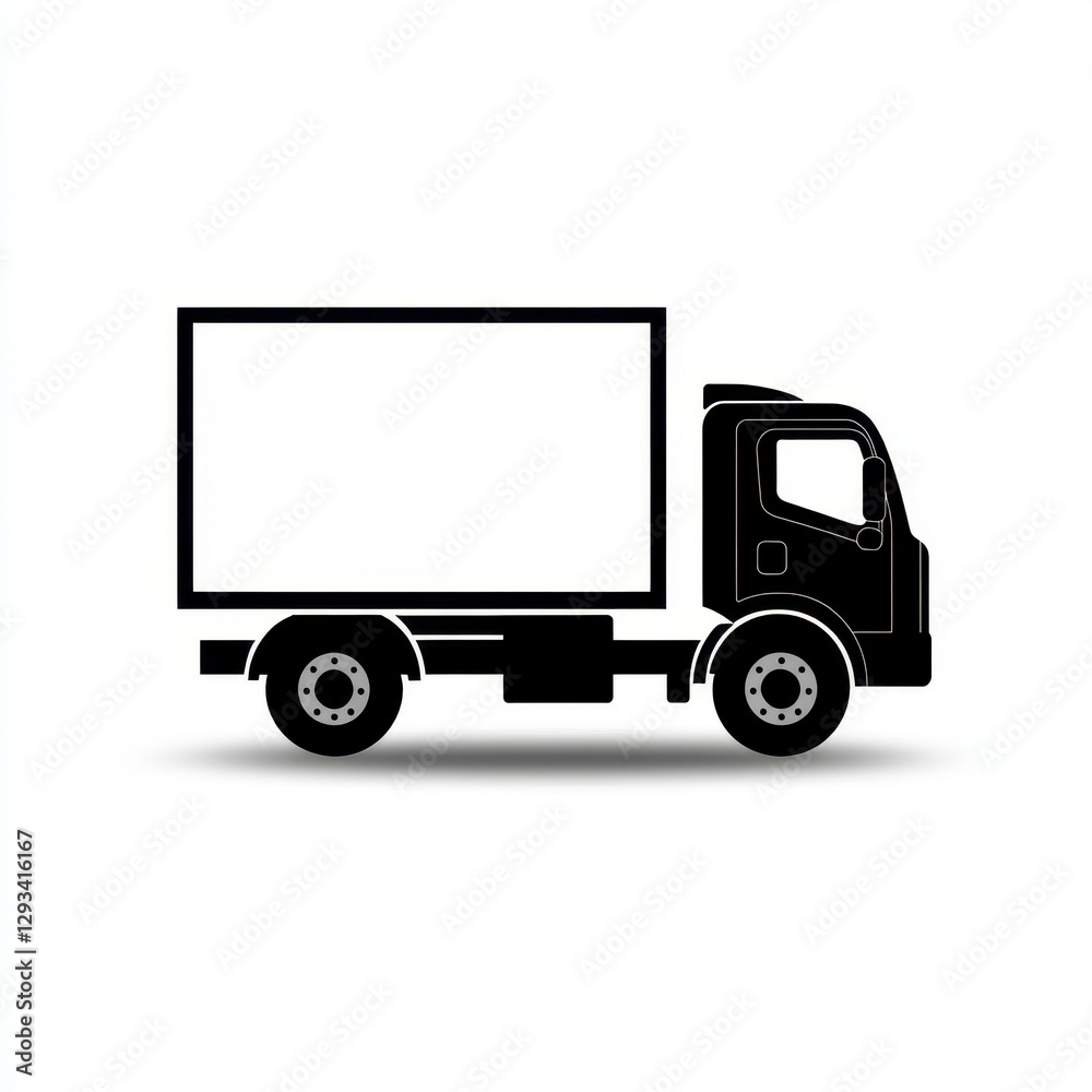 Black and white illustration of a delivery truck on a white background, simple design, side view Black and white illustration of a delivery truck on a white background, simple design, side view