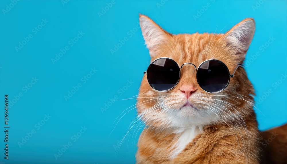 Humorous Ginger Cat in Sunglasses on a Light Cyan Background, Embracing a Playful Mood with Stylish Accessories and Vibrant Color Contrast Humorous Ginger Cat in Sunglasses on a Light Cyan Background, Embracing a Playful Mood with Stylish Accessories and Vibrant Color Contrast