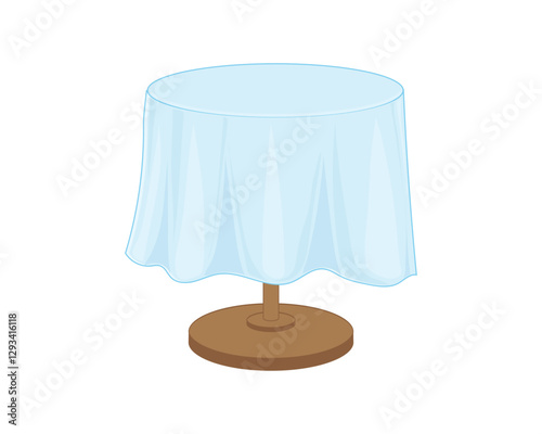 vector design of a round, flat table with light blue cloth with table legs made of brown wood