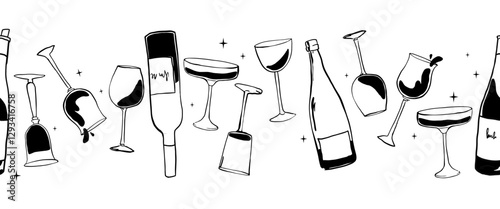 Naive drawing horizontal vector pattern with bottles in Dolce Vita aesthetic. Hand-drawn chalk wine illustrations. A collection of whimsical doodle line art. Vintage ink elements for menus and posters