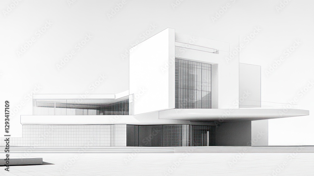 Modern white house architectural rendering, sunny day, empty plaza, design concept Modern white house architectural rendering, sunny day, empty plaza, design concept