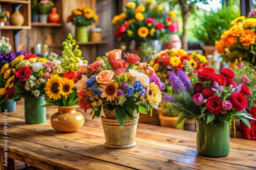 Vibrant Flower Bouquets on Rustic Wooden Table in Flower Shop Vibrant Flower Bouquets on Rustic Wooden Table in Flower Shop
