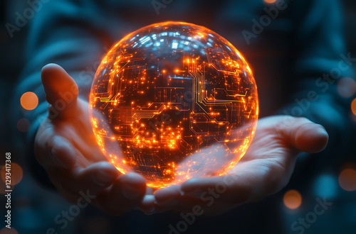 Futuristic Digital Globe in Hands – AI, Big Data, Cybersecurity, and Global Technology Concept,  ideal for AI blogs, big data discussions, cybersecurity content, digital transformation articles, tech 