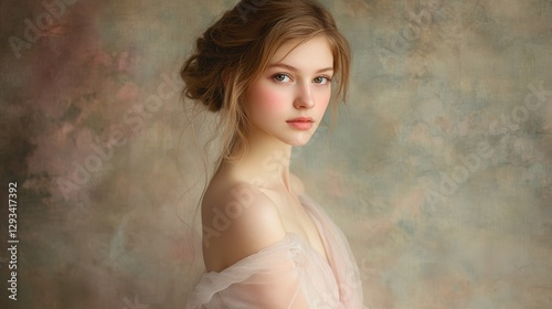 Sophisticated Portrait: Pastel Dress Textured Backdrop Elegant Young Woman 