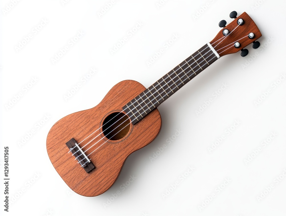 Fototapeta premium Brown ukulele on white background, overhead view. Simple, clean image showcasing the ukulele's details