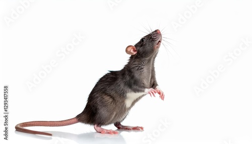 Curious Rooftop Rodent Closeup of a Young Rat Perched Elevated, Gazing Upward with Inquisitive Eyes, Capturing the Agility and Intelligence of Rattus norvegicus in Urban Setting photo