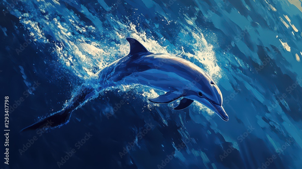 Naklejka premium A vibrant dolphin leaps through a deep blue ocean, its graceful form centered and angled rightward, capturing dynamic movement amidst serene aquatic hues