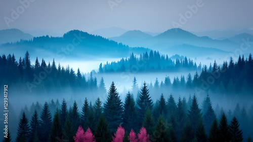 Misty Mountain Forest at Dawn with Pink Trees