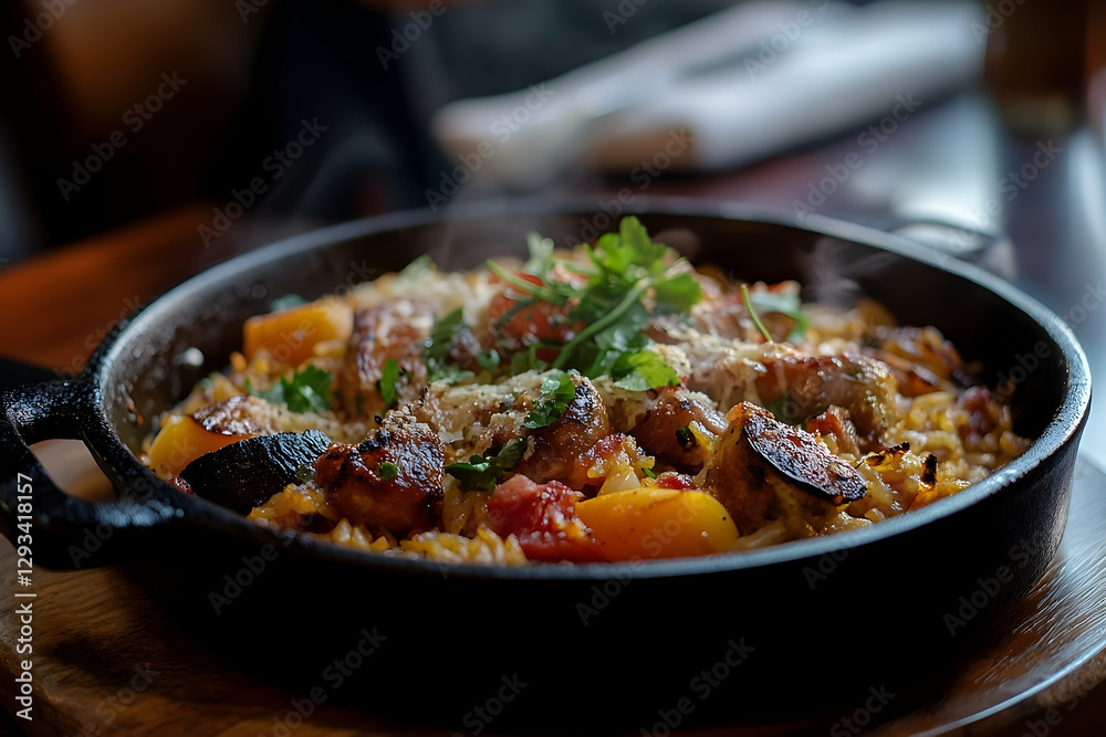 Delicious and Flavorful Spanish Paella Served in Traditional Pan Delicious and Flavorful Spanish Paella Served in Traditional Pan