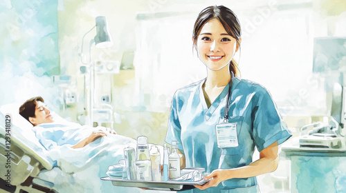病室で患者のケアをする若い女性ナース（イラスト）