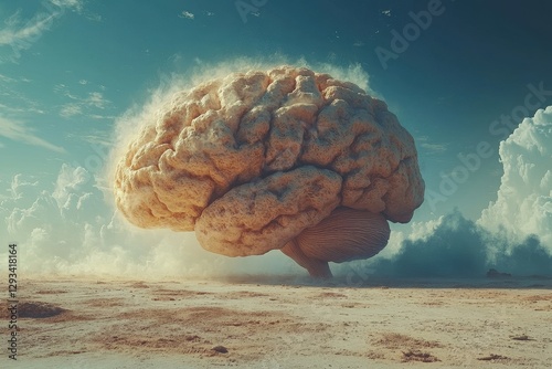 Giant brain-shaped tree stands alone in a surreal desert landscape under a dramatic sky photo