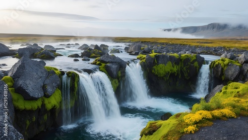 A stunning waterfall cascades over moss-covered rocks in a serene, untouched landscape, with mist rising in the background and vibrant yellow flowers in the foreground, creating a picturesque scene