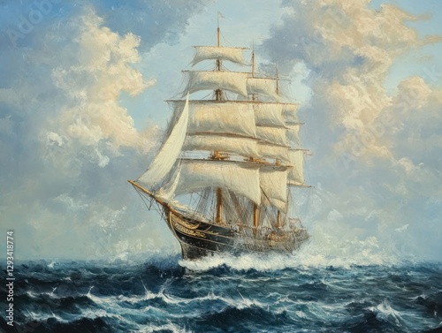 Majestic clipper ship sailing on a vast ocean under a dramatic sky, full sails set, waves churning at the bow.