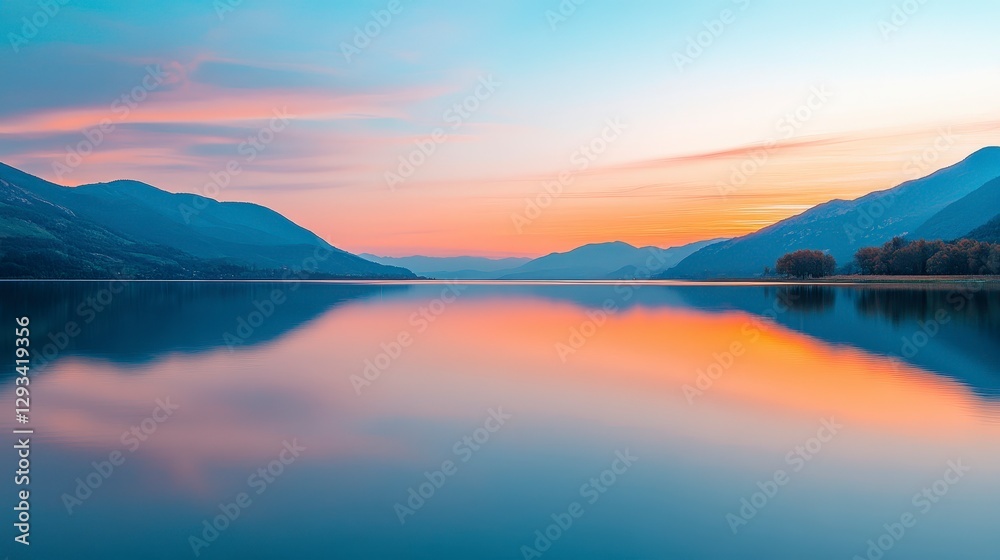 Fototapeta premium Serene Sunset Over Calm Lake with Colorful Reflections in Sky
