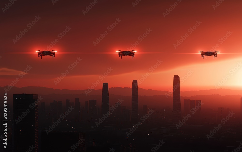 Fototapeta premium Drones flying at sunset over urban skyline aerial photography cityscape dramatic atmosphere