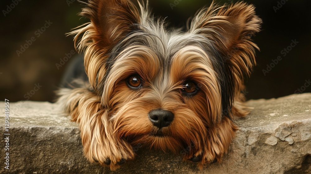 Yorkshire terrier oparty na kamieniu z uroczym spojrzeniem Yorkshire terrier oparty na kamieniu z uroczym spojrzeniem