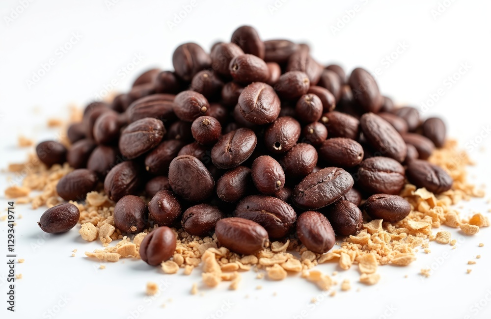 Fototapeta premium Pile of tonka beans, shredded nut crumbs on white background. Aromatic spice for gourmand perfume, fragrance, cookery. Brown wrinkled exotic dessert ingredient for healthy nutrition. Gourmet food