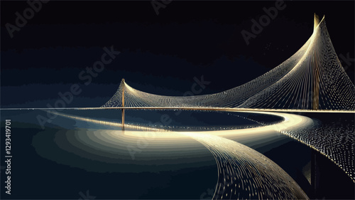 The image is a digital illustration depicting an abstract landscape featuring a golden, glowing bridge-like structure. The bridge is composed of thin, interconnected lines and curves, creating a